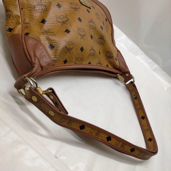 MCM Cognac/Tan Logo Visetos Shoulder Bag with Gold Plaque